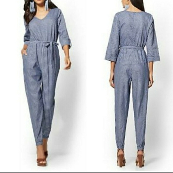 New York & Company Pants - New York & Company Mixed Stripe Jumpsuit- Blue